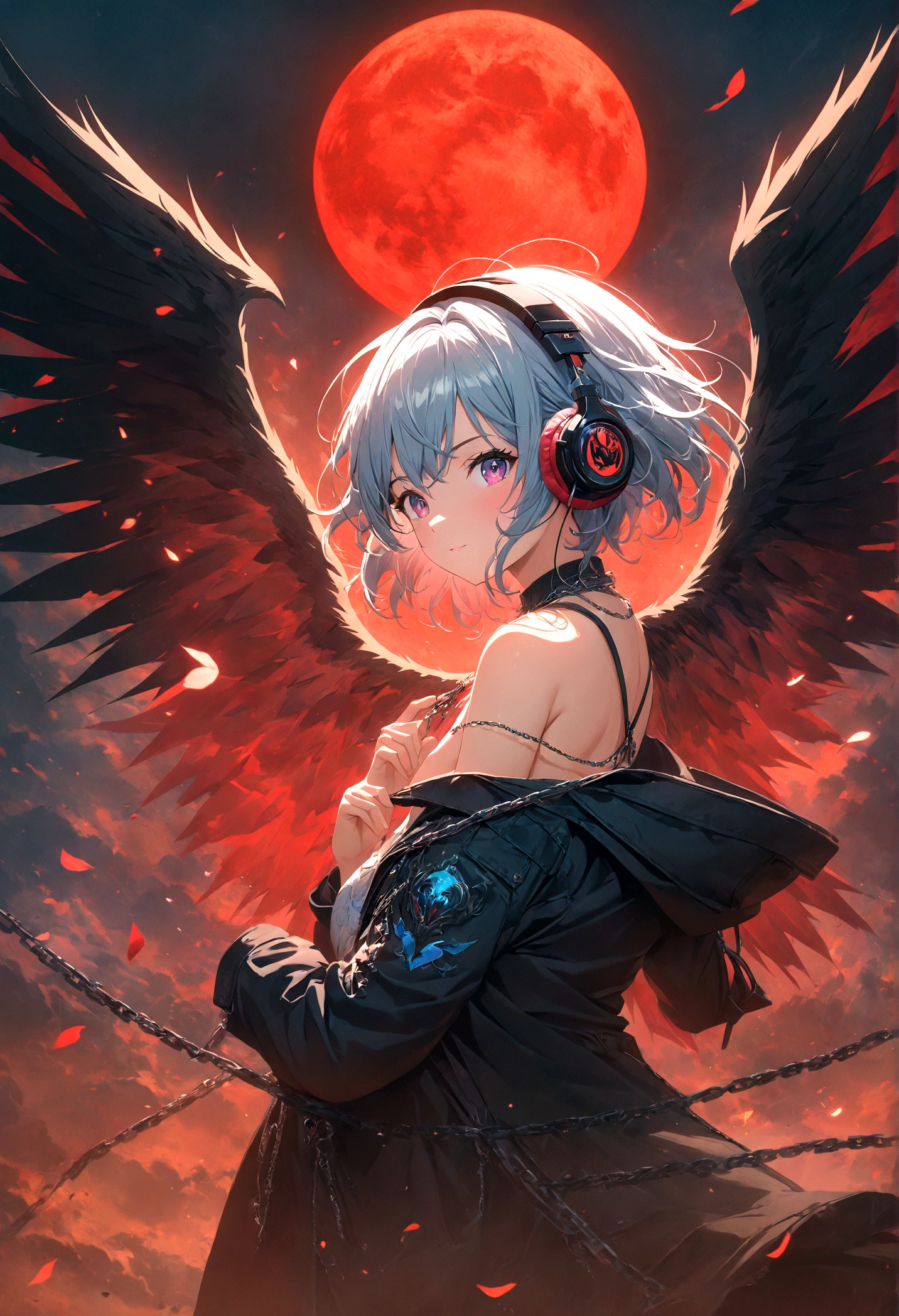 4k anime wallpaper, 4k anime wallpaper, Anime Art Wallpapers 8K, 4K Anime Style, anime art wallpaper 4k, anime art wallpaper 4k, 4k anime wallpaper, Eugeo Art, Detailed digital anime art, ((masterpiece, highest quality)), (Complex Light), Perfect hands, Normal finger, Hyper Detail, Bright colors.Fantasy manga style demon beautiful girl, silver hair, short, headphones, half wearing dark long coat, off the shoulder, black wings, chain, red moon, otherworldly painting.
