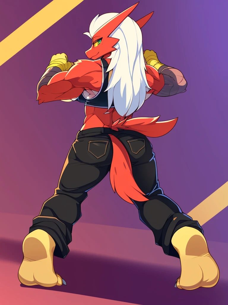 [blaziken], (mayosplash), (wamudraws)], ((masterpiece)), ((HD)), ((solo portrait)), ((back view)), ((furry; anthro)), ((detailed shading)), ((beautiful render art)), ((intricate details)), {anthro; red feathers, red beak, (yellow talon feet), (long white hair), cute teal eyes, (yellow sclera), (half-closed eyes), (medium boobs), (defined muscles), (beautiful feet), (clothing, topwear: tanktop, handwear:(cloth wrap), bottomwear:(pants:black) footwraps)),{(standing), (dynamic pose)}