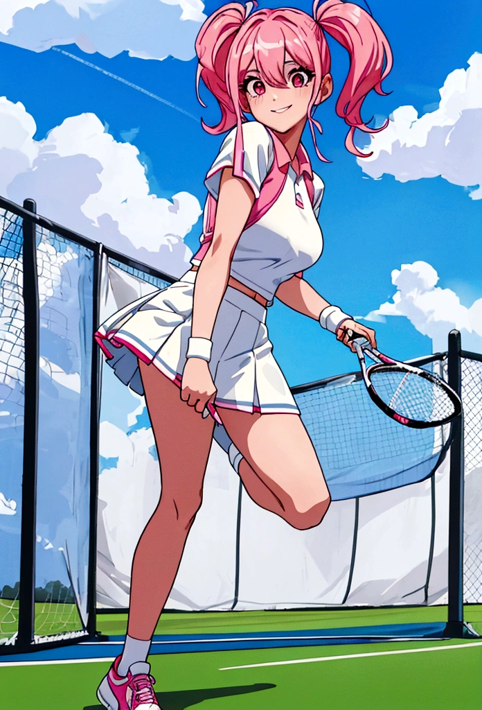 a woman wearing a tennis uniform, exposed abdomen, exposed thigh, white skirt with faint blue details, sports tennis shoes, pigtails, hot pink hair with silver strands, large breasts, pink eyes, smiling, walking on a tennis court, full body, blue sky with clouds,HDR , ultra resolution, sharp, masterpiece, 8K HD (solo woman)