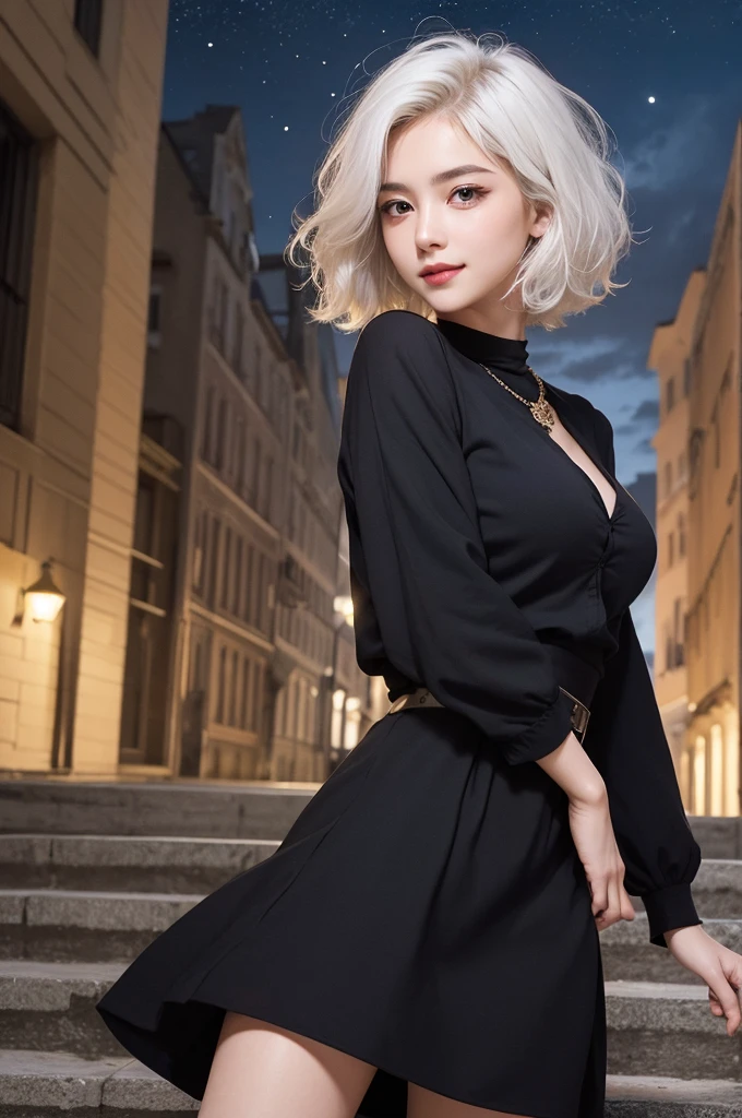 highest quality、masterpiece、超High resolution、(whole body,Realistic:1.3)、RAW Photos、(One girl,Small breasts), Beautiful Face, (Realistic Face,Detailed facial expressions,smile), (White Hair、short hair:1.3), Beautiful Hairstyles, Realistic eyes, Beautiful fine details, (Realistic Skin), Beautiful Skin, (Long sleeve dress,Stylish trendy fashion), Confused, charm, 超High resolution, Ultra-realistic, High resolution, Golden Ratio、Standing on the stairs,European cityscape,Mr.々Posing,Shooting from below,Beautiful starry sky,night
