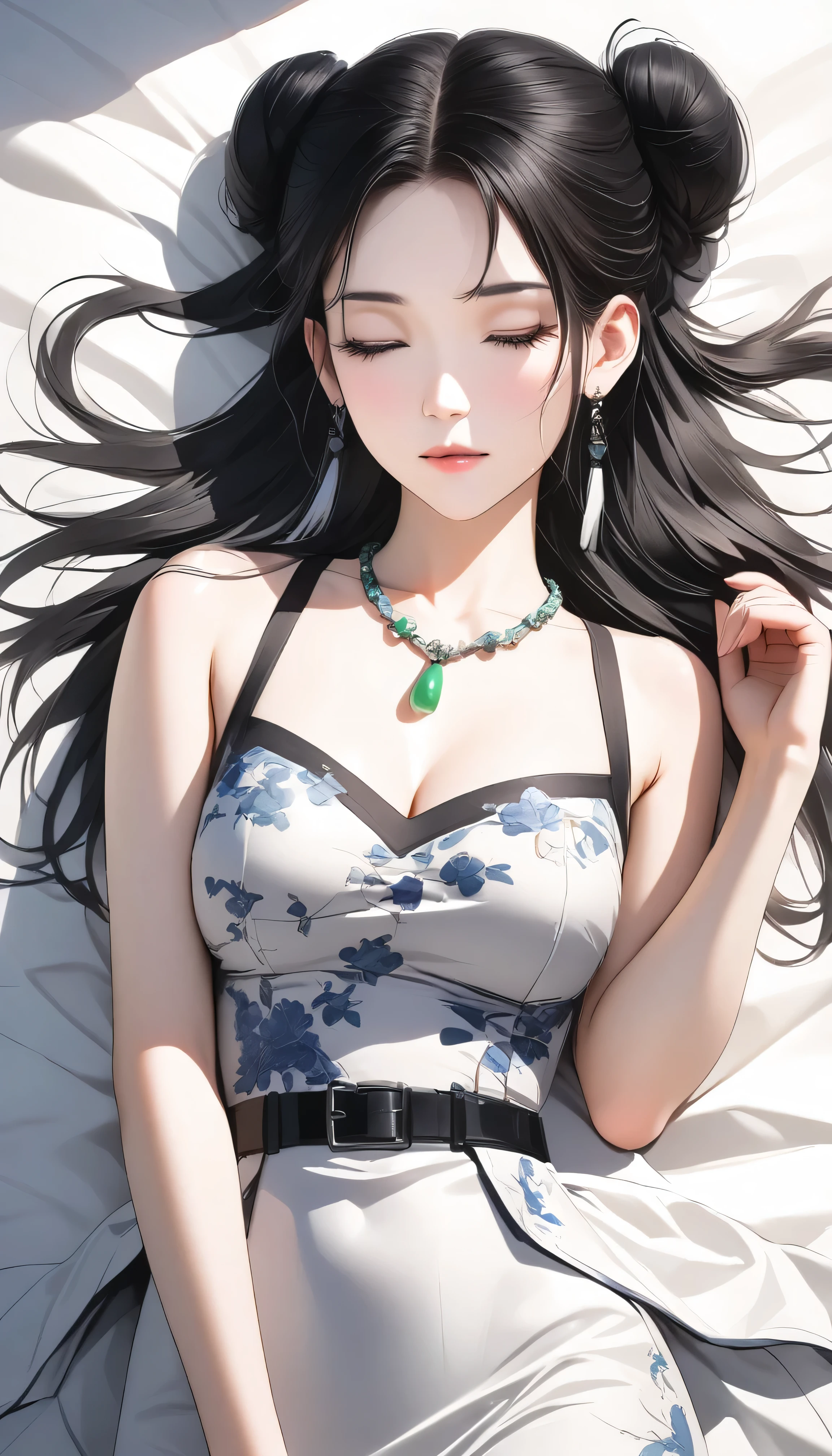 Beautiful Chinese woman, Wearing a white dress, Black hair，Tie your hair into a bun，With bangs，Wear a headband, Close your eyes and lie on the bed, top view, On white silk sheets, Wearing a jade necklace on the neck, Chest tattoo above the belt, Photo-realistic, Portrait Photography, Shot in the style of a Sony A7 III camera.