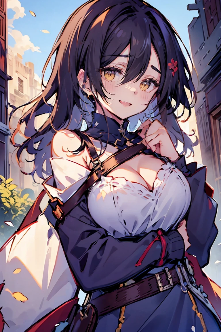 (masterpiece:1.2), (high quality:1.2), hui xiyi, rekkyo sensen, rekkyou sensen, girls with((black hair, tits cleavage, waving is hands, breasts close up, suspenders, dress, blue clothes, belt, frills shirt, white knit sweater, camisole, exposed breasts, straps, upper body, long hair, one side up, nun, long sleeves, perfect hands, perfect fingers)), background with((fantasy world, ruin, castle, beautiful sky, shining sky, sunshine))