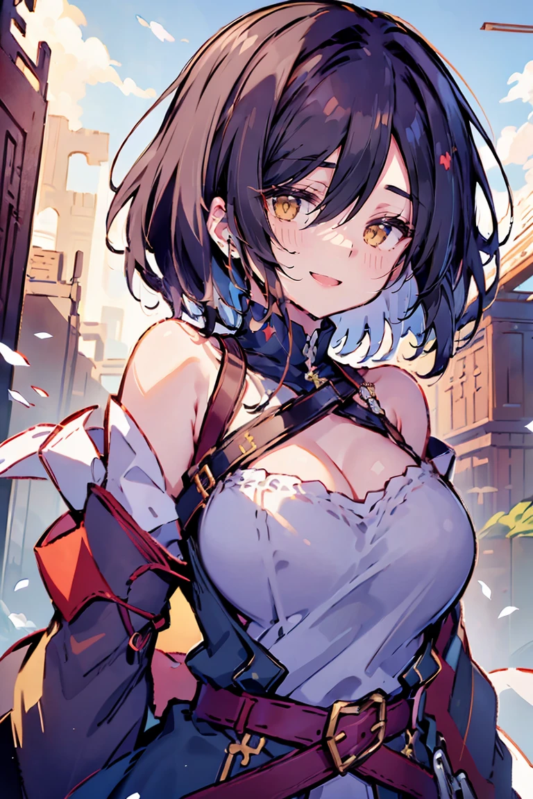 (masterpiece:1.2), (high quality:1.2), hui xiyi, rekkyo sensen, rekkyou sensen, girls with((black hair, tits cleavage, waving is hands, breasts close up, suspenders, dress, blue clothes, belt, frills shirt, white knit sweater, camisole, exposed breasts, straps, upper body, long hair, one side up, nun, long sleeves, perfect hands, perfect fingers)), background with((fantasy world, ruin, castle, beautiful sky, shining sky, sunshine))