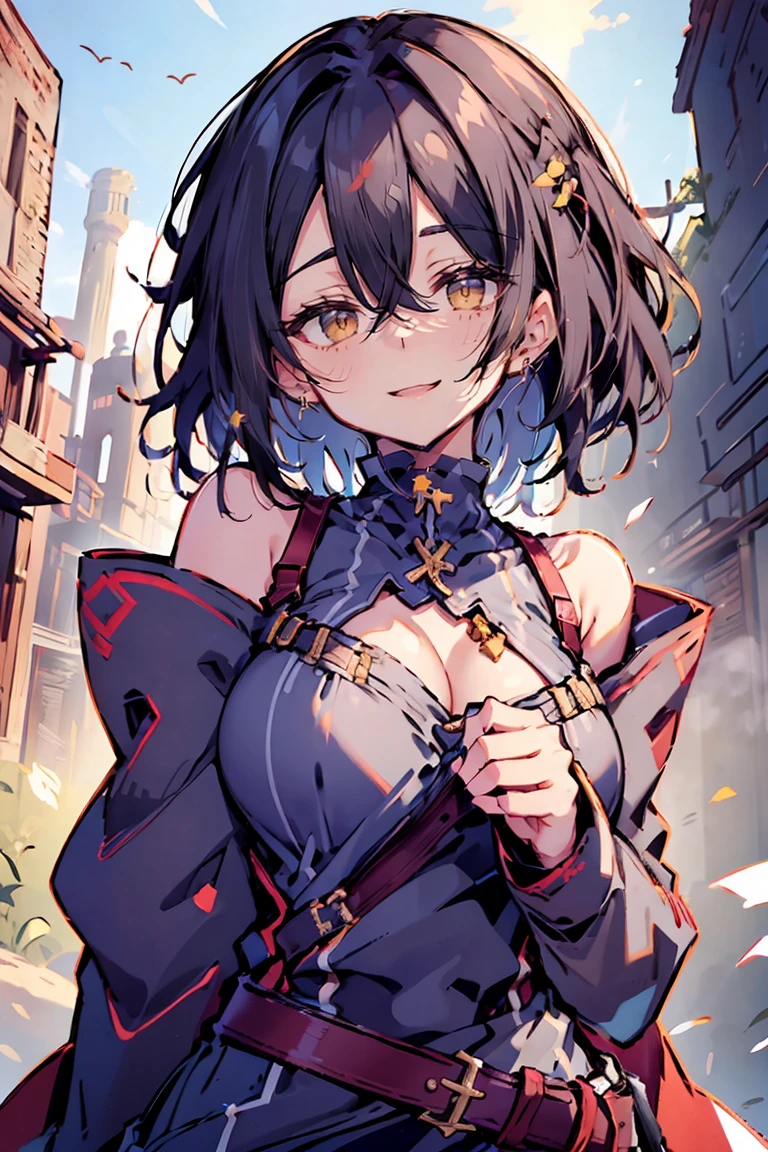 (masterpiece:1.2), (high quality:1.2), hui xiyi, rekkyo sensen, rekkyou sensen, girls with((black hair, tits cleavage, waving is hands, breasts close up, suspenders, dress, blue clothes, belt, frills shirt, white knit sweater, camisole, exposed breasts, straps, upper body, long hair, one side up, nun, long sleeves, perfect hands, perfect fingers)), background with((fantasy world, ruin, castle, beautiful sky, shining sky, sunshine))