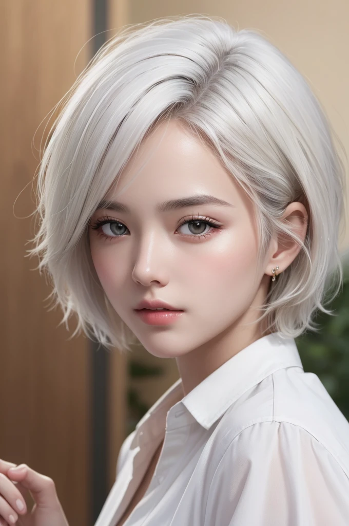 highest quality、masterpiece、超High resolution、(Realistic:1.3)、RAW Photos、(One girl), Beautiful Face, (Realistic Face), (White Hair、short hair:1.3), Beautiful Hairstyles, Realistic eyes, Beautiful fine details, (Realistic Skin), Beautiful Skin, (shirt), Confused, charm, 超High resolution, Ultra-realistic, High resolution, Golden Ratio、Mr.々Background