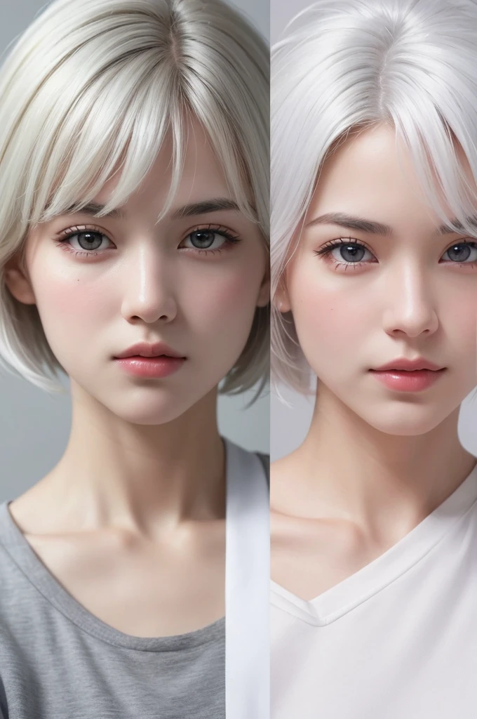 highest quality、masterpiece、超High resolution、(Realistic:1.3)、RAW Photos、(One girl), Beautiful Face, (Realistic Face), (White Hair、short hair:1.3), Beautiful Hairstyles, Realistic eyes, Beautiful fine details, (Realistic Skin), Beautiful Skin, (shirt), Confused, charm, 超High resolution, Ultra-realistic, High resolution, Golden Ratio、Mr.々Background