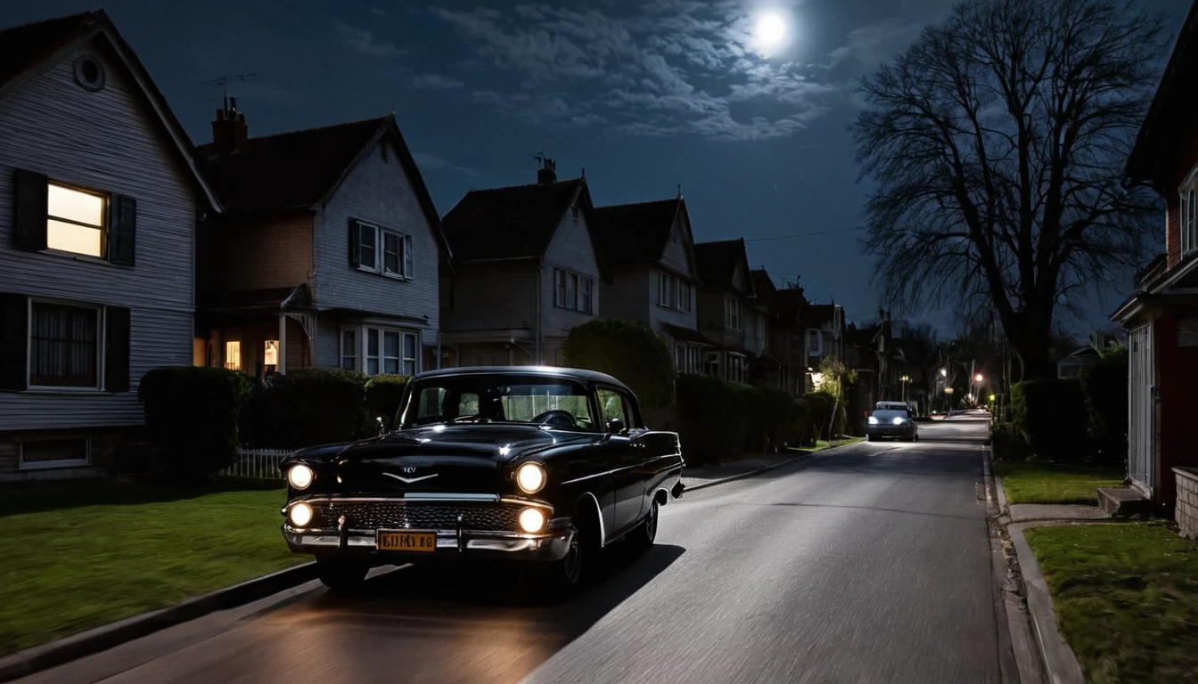 black car driving down the street, several houses, ominous night