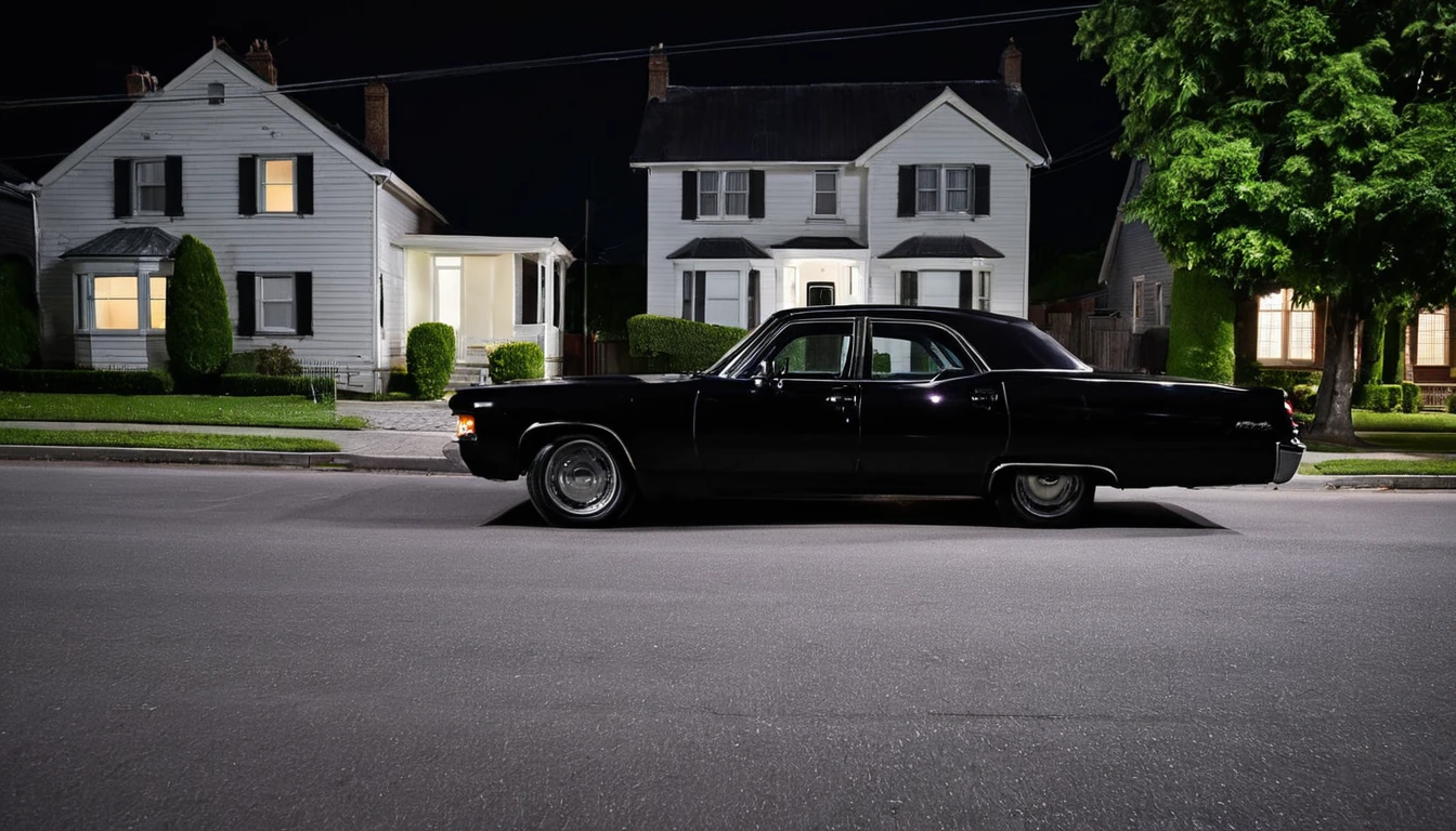 black car driving down the street, several houses, ominous night