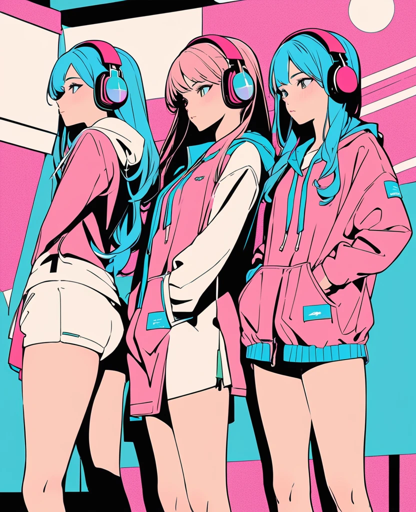 popart style,flat color,(best quality, masterpiece, ultra high-resolution, ultra-detailed: 1.2), Three unique girls are standing side by side,tween,detailed face,Headphones,profile,Waste Shot,