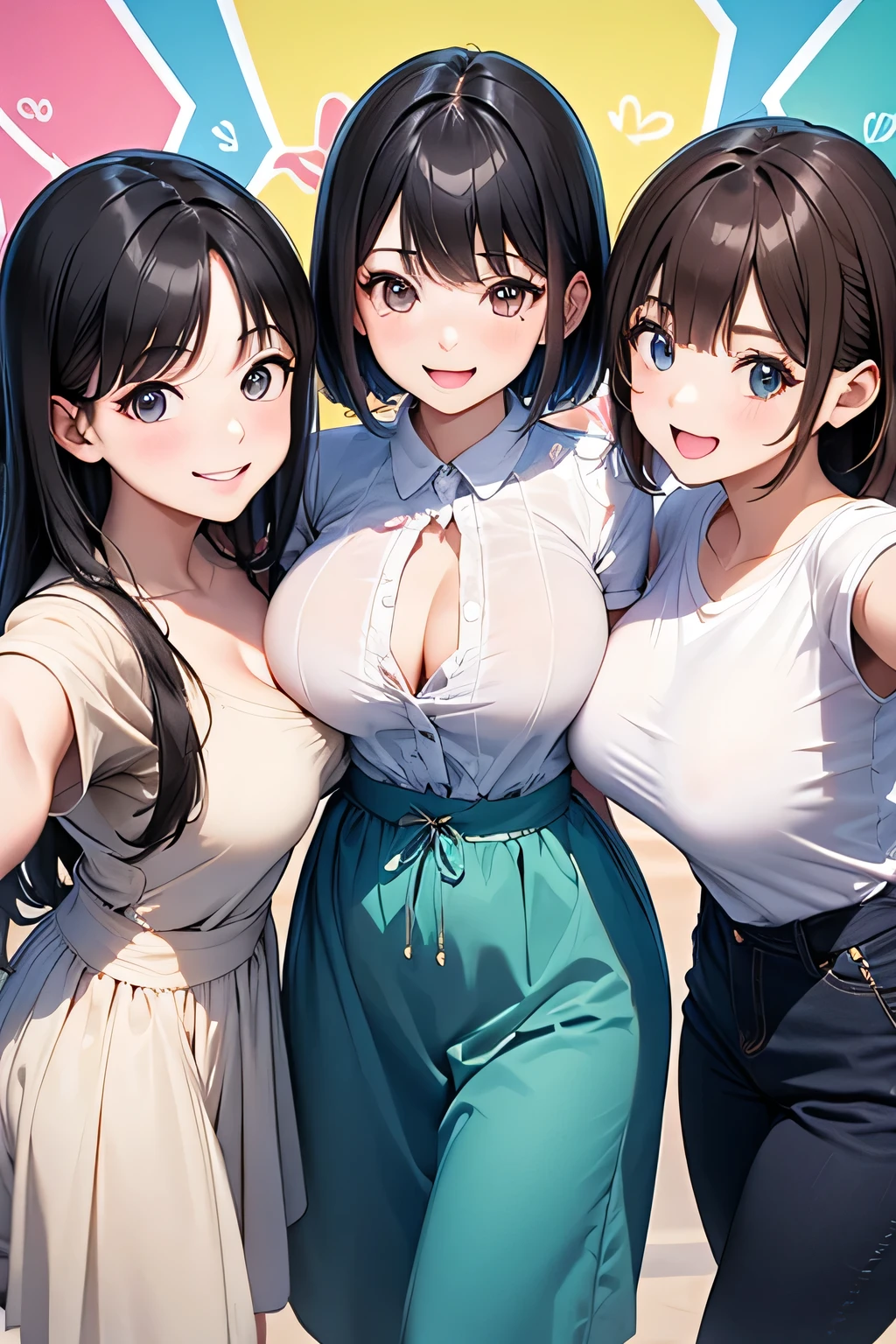 highest quality、High resolution、Detailed Background、(Beautiful face in every detail:1.4)、Anatomically correct、(Detailed facial expressions)、(Detailed eyes:1.2)、 beauty、(Highly detailed face:1.4)、(Detailed eyes:1.2)、(Huge breasts:1.3)、cute hair color、Braided bob cut、Braided Ponytail、cute hairstyle、well-groomed eyebrows、Smiling、A fun atmosphere、Cute gestures、Accentuate your cleavage、Cowboy Shot、
(Three beautiful girls taking a selfie with big smiles:1.5)、
Colorful graffiti and artwork on the walls create an artistic atmosphere.、
Long sleeve cut and sew、Flared skirts and culottes are cute.、
sneakers、Sandals、Backpack、Sacoche、Caps and bucket hats are cute、cute