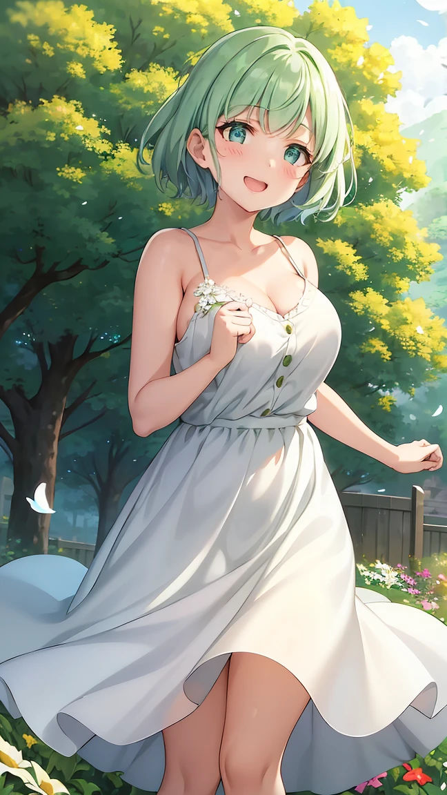 Girl with short green hair, Small size breasts, Small breasts、Green Eyes, White Casual Wear Beauty Special、(((tits))),Full body shot from head to toe、White dress、Colorful flower fields、Fluttering petals、A big smile when looking at the flowers、Uplifting、Swaying in the Wind、An incident caused by a gust of wind