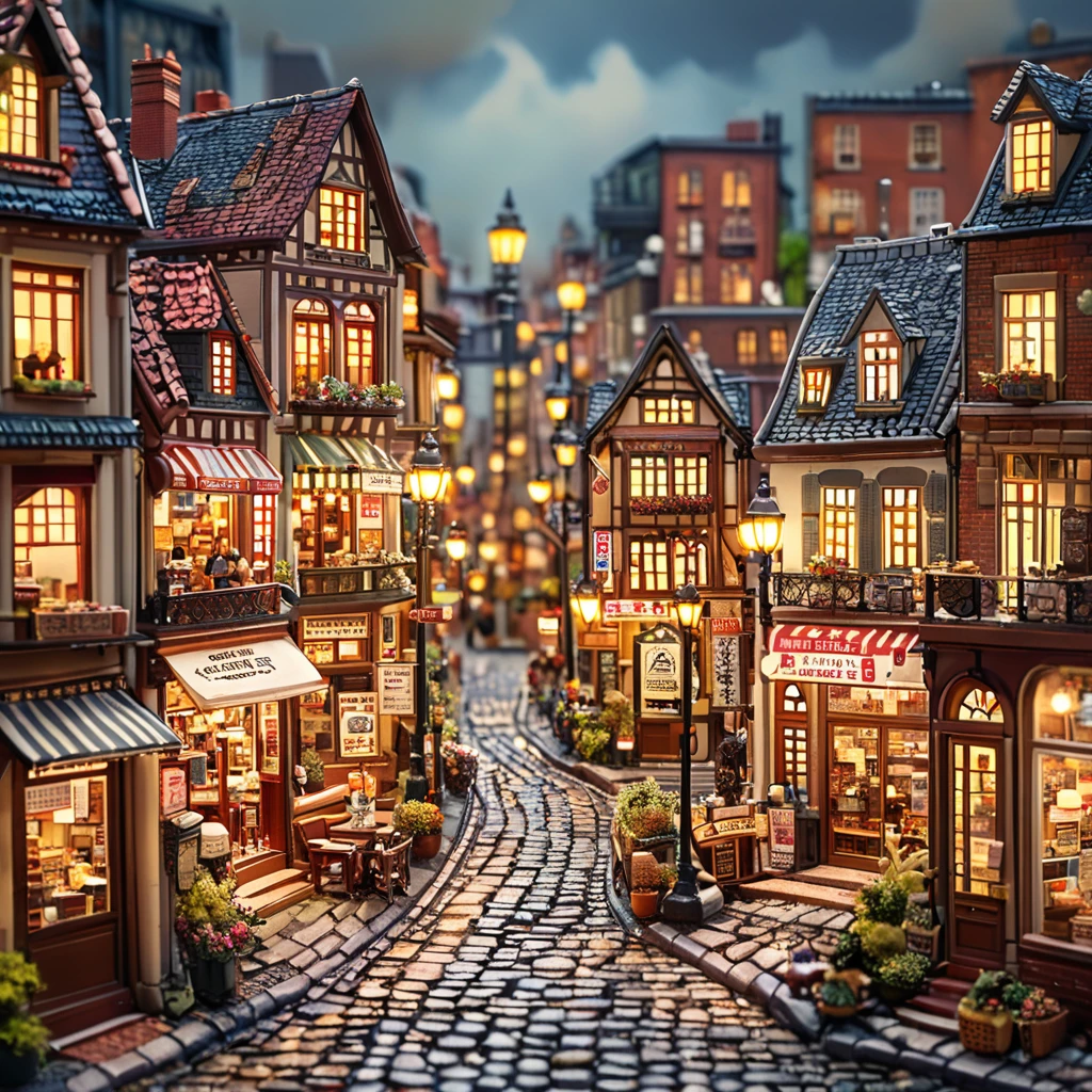 tilt-shift photography,(masterpiece, top quality, best quality),(ultra-detailed, absolutely resolution),((16k, high res)).
(retro street scene, depict a nostalgic cityscape from the 1950s, featuring cobblestone streets and vintage buildings, the architecture include brick and stone facades, with charming storefronts displaying period-specific signage and window displays, elements like old-fashioned lampposts