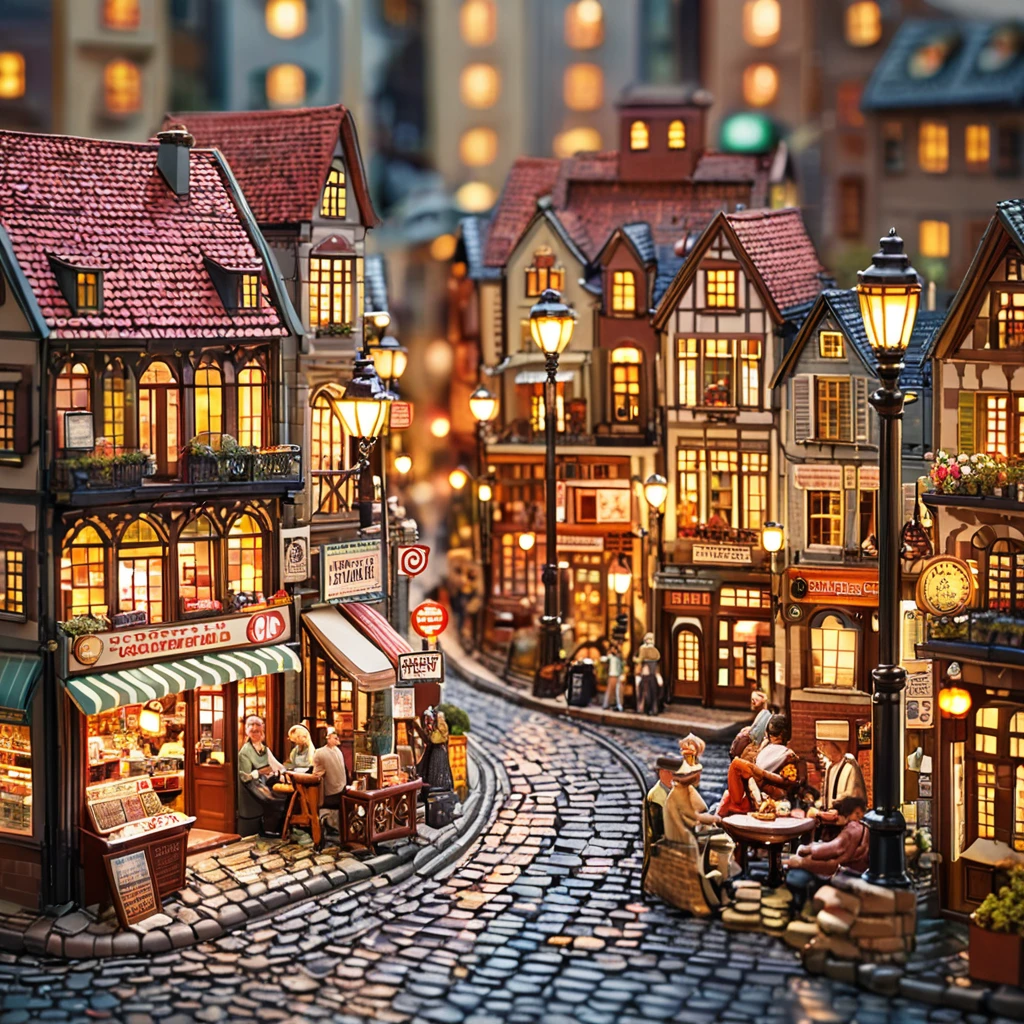 tilt-shift photography,(masterpiece, top quality, best quality),(ultra-detailed, absolutely resolution),((16k, high res)).
(retro street scene, depict a nostalgic cityscape from the 1950s, featuring cobblestone streets and vintage buildings, the architecture include brick and stone facades, with charming storefronts displaying period-specific signage and window displays, elements like old-fashioned lampposts