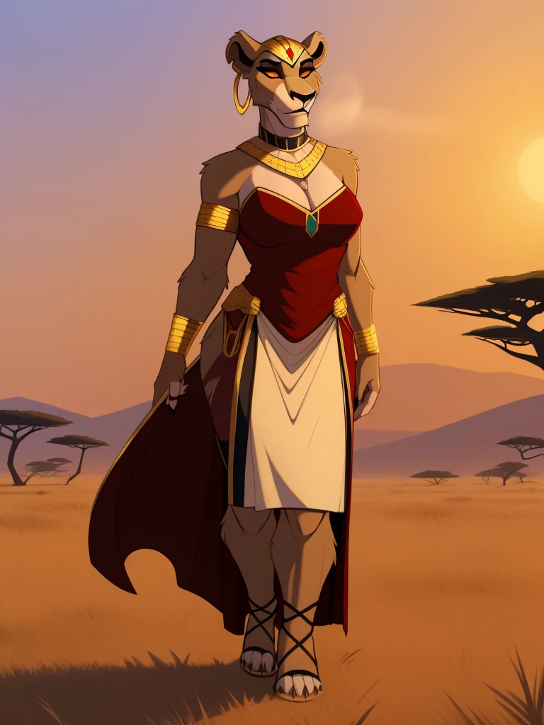 Tall_muscular_mature_lion female scars red_irises yellow_sclera hazy_sky savanna solo Masterpiece best_quality absurdres highly_detailed cleanly_drawn_eyes anthro_only by_claweddrip, by_greasymojo, by_underscore-b, by_runawaystride circlet bracers gorget neck_hoops hoop_earrings medieval_gown gladiator_sandals face_paint