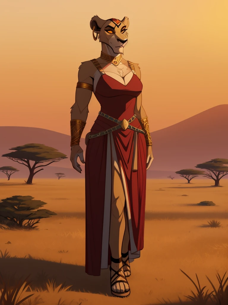 Tall_muscular_mature_lion female scars red_irises yellow_sclera hazy_sky savanna solo Masterpiece best_quality absurdres highly_detailed cleanly_drawn_eyes anthro_only by_claweddrip, by_greasymojo, by_underscore-b, by_runawaystride circlet bracers gorget neck_hoops hoop_earrings medieval_gown gladiator_sandals face_paint