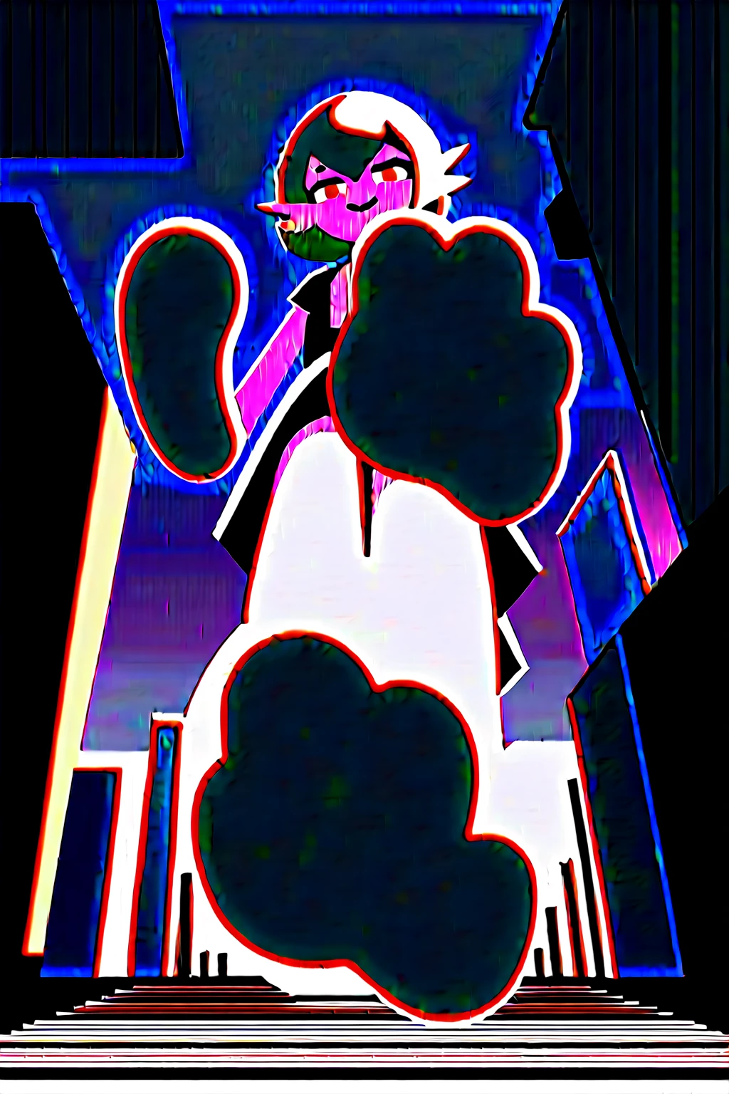 (Fraction_9,Fraction_8_Direction_7_up,), green legs, full body! shot, green and white, higurashi, danny phantom, full body shot close up, gardevoir, pokemon, sizedifference, macro, giantess, low angle, paws, stand, look down, 1 character, deceptive smile, hands down, half-squinted eyes, city