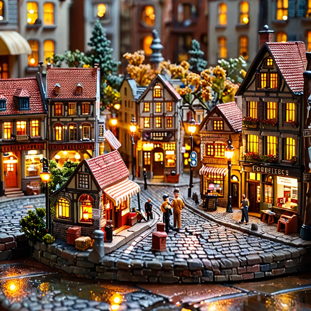 tilt-shift photography,(masterpiece, top quality, best quality),(ultra-detailed, absolutely resolution),((16k, high res)). (retro street scene, depict a nostalgic cityscape from the 1950s, featuring cobblestone streets and vintage buildings, the architecture include brick and stone facades, with charming storefronts displaying period-specific signage and window displays, elements like old-fashioned lampposts