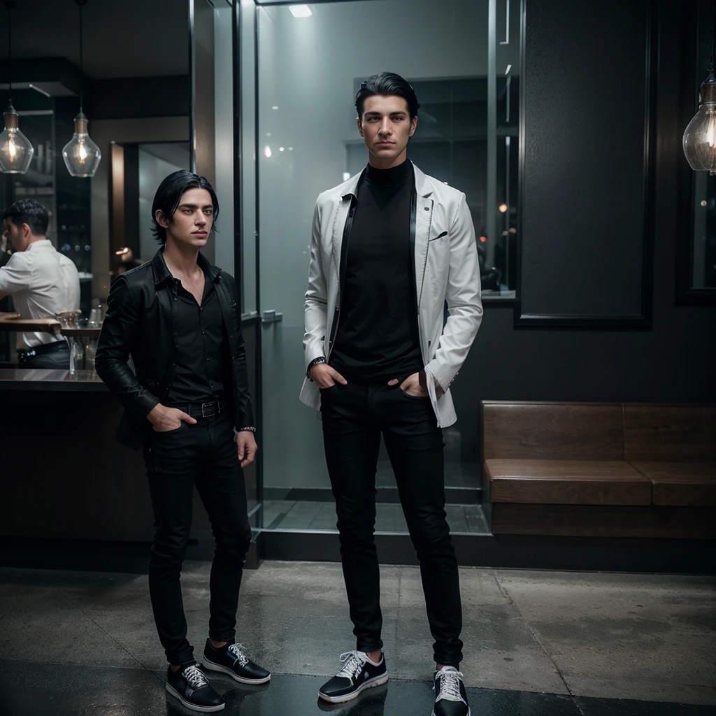 a man with black hair, blue eyes, long eyelashes, sharp nose, beautiful detailed lips, wearing black jeans, black shirt, white jacket, white shoes, standing in front of a restaurant with glass decorations, photorealistic, 8k, hyperdetailed, dramatic lighting, cinematic, elegant, refined, sophisticated, moody, atmospheric