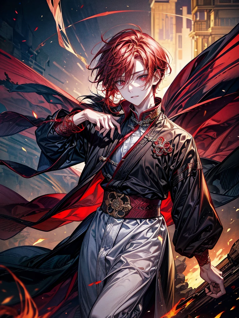 One Beautiful Boy、youth、tall、fiery red hair、One side of the hair is long、Burning red eyes、Handsome、mysterious、beautiful、highest quality、masterpiece、Super detailed、Long, narrow eyes、Surrounded by flames、Hakama、Gazing at the viewer、Torii Gate Scenery