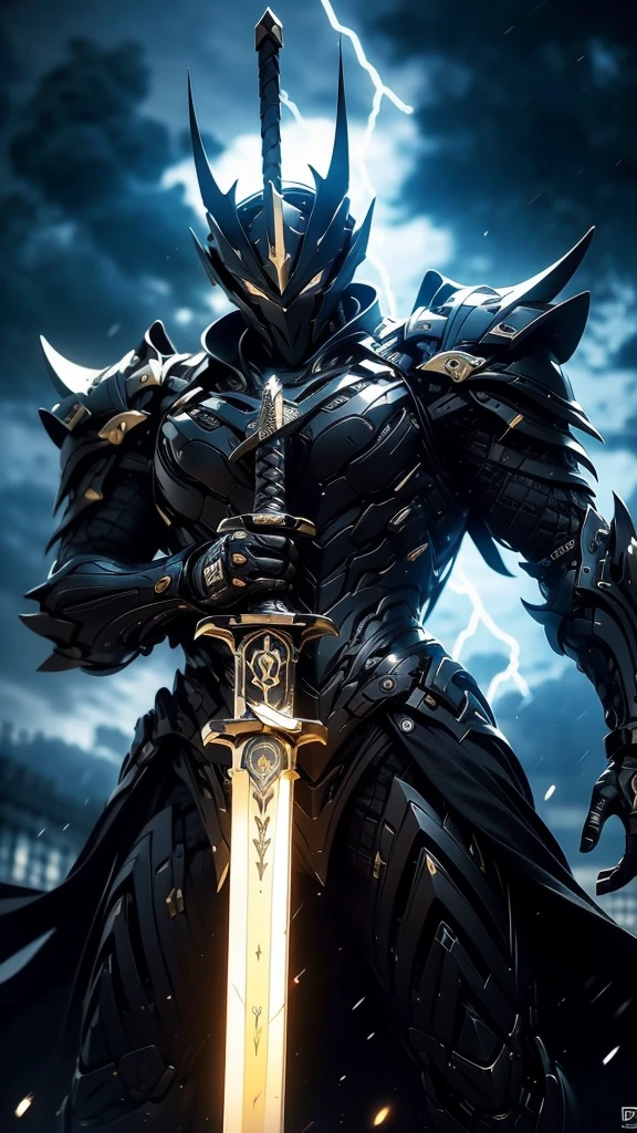 A fierce warrior in full white armor, wearing a large black circle symbol on his chest, wielding a big sword, dynamic battle-ready pose, highly detailed armor textures, sharp sword, dramatic stormy sky background, vivid colors, masterpiece, 8k, photorealistic, chiaroscuro lighting, strong contrast, cinematic composition