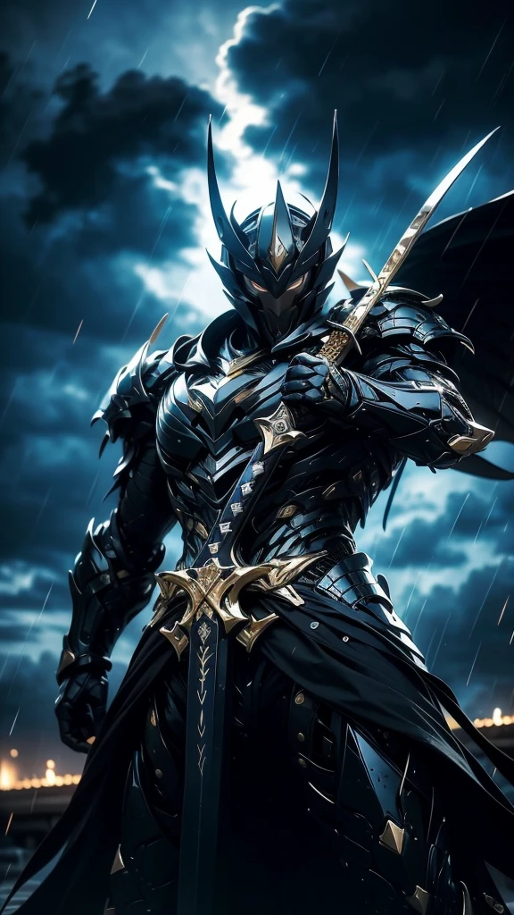 A fierce warrior in full white armor, wearing a large black circle symbol on his chest, wielding a big sword, dynamic battle-ready pose, highly detailed armor textures, sharp sword, dramatic stormy sky background, vivid colors, masterpiece, 8k, photorealistic, chiaroscuro lighting, strong contrast, cinematic composition