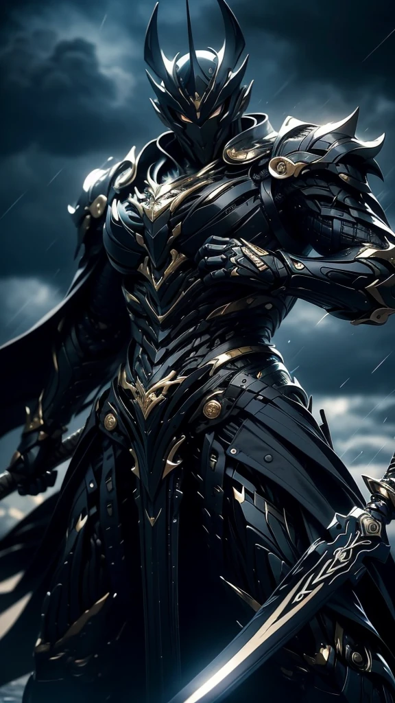 A fierce warrior in full white armor, wearing a large black circle symbol on his chest, wielding a big sword, dynamic battle-ready pose, highly detailed armor textures, sharp sword, dramatic stormy sky background, vivid colors, masterpiece, 8k, photorealistic, chiaroscuro lighting, strong contrast, cinematic composition