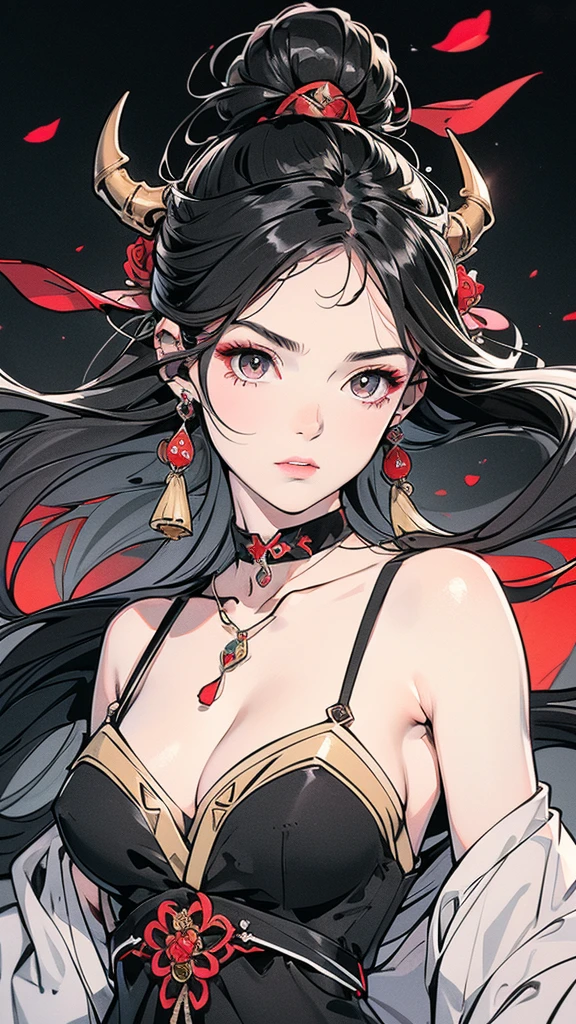 Seven Rhaeyar (Deylta), Ancient Star goddess, Perfect female anatomy (Royalty, Adult Female, 166cm in height, Cool pale skin, slim, slender, 34D breast size, Long Jet Black Hair, Gray Colored Iris , a set of Jet black colored horns on her head), Neutral facial expression, Elegant black uniform dress, female choker accessory with silver complimentary jewelry, dragon motifs, Black rope accessories, Simple Black Background, receiving light from the front, the focal point is her face, Ethereal glow, Red Rose petals falling, Japanese inspired, very close up face image, detailed features, high quality resolution