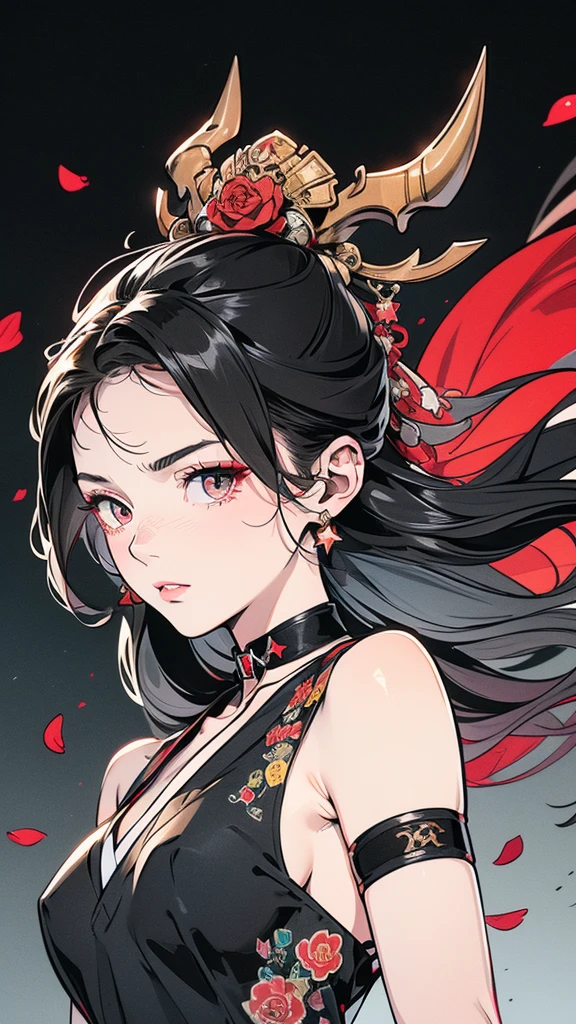 Seven Rhaeyar (Deylta), Ancient Star goddess, Perfect female anatomy (Royalty, Adult Female, 166cm in height, Cool pale skin, slim, slender, 34D breast size, Long Jet Black Hair, Gray Colored Iris , a set of Jet black colored horns on her head), Neutral facial expression, Elegant black uniform dress, female choker accessory with silver complimentary jewelry, dragon motifs, Black rope accessories, Simple Black Background, receiving light from the front, Slightly focusing on her face up close, Ethereal glow, Red Rose petals falling, Japanese inspired