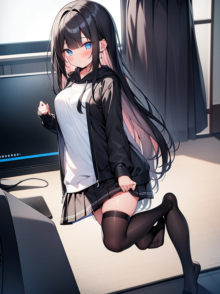 A girl with long black hair, blue eyes, blush on face in game room on pc. short pleated skirt, long stockings, cat hoodie, excellent quality, 8k, very detailed image, ideal anatomy of the whole body, nsfw, thin waist