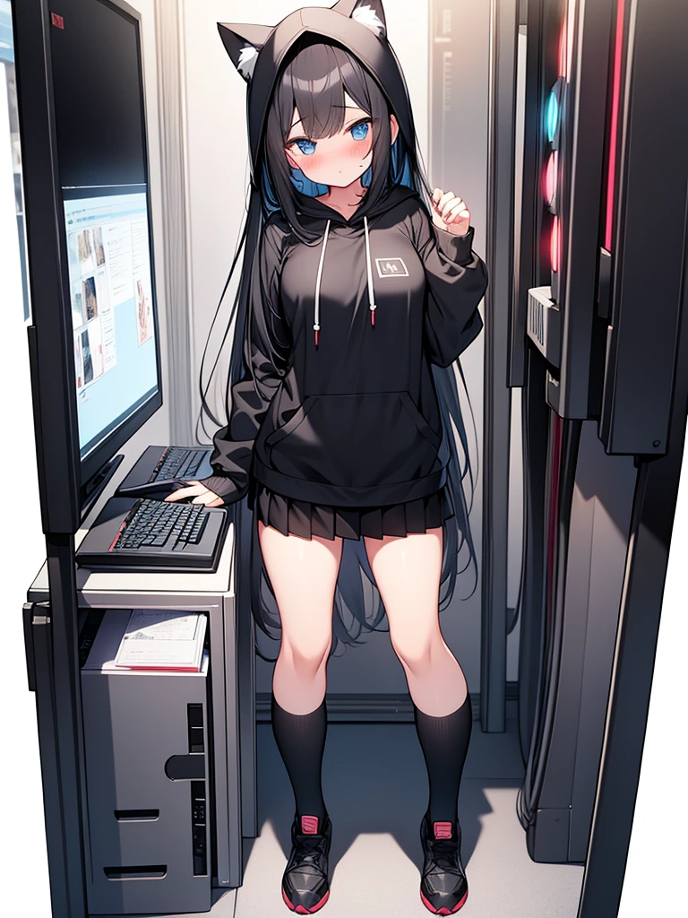 Girl long black hair blue eyes blush on face in PC gaming room Short pleated skirt long stockings cat hoodie great quality 8k very detailed image perfect anatomy full body nsfw
