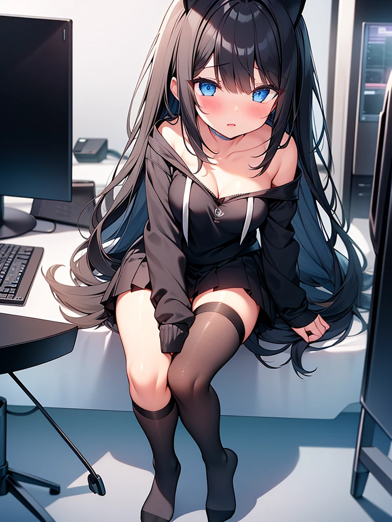 masterpiece, Highest quality, pretty girl,Gray Hair,Small breasts, skinny,hair ornaments, Twin tails,Large areola,Erect nipples,Panties with ribbon,Nipple Covers,,Net pattern stockings, necklace, skinny ,,((Nipple soothing)),Office worker sitting on chair,(evening)