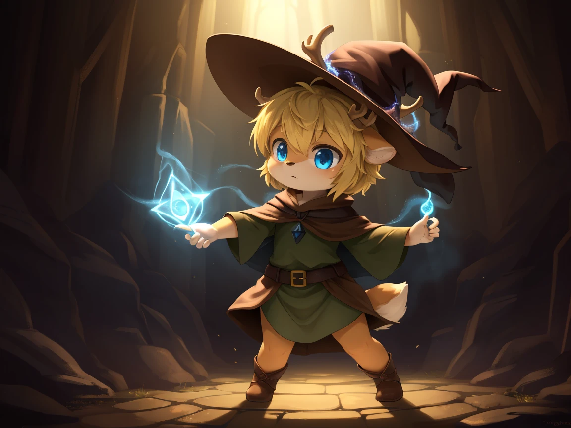 deer, solo, young, cub, chibi, (blue eyes), ((large witch hat)), ((brown hat)), ((brown cloak)), (long green tunic), (blonde hair), (short hair), short deer tail. ((light brown body)), (short brown antlers), short snout, ((((casting magic)))), magic, epic pose. dark dungeon background. Very good figure, best quality, highres, 16k, Natural soft light, Tyndall effect, Advanced film lighting, Unreal Engine5, Extremely realistic, A high resolution, perfect masterpiece, high quality, high resolution