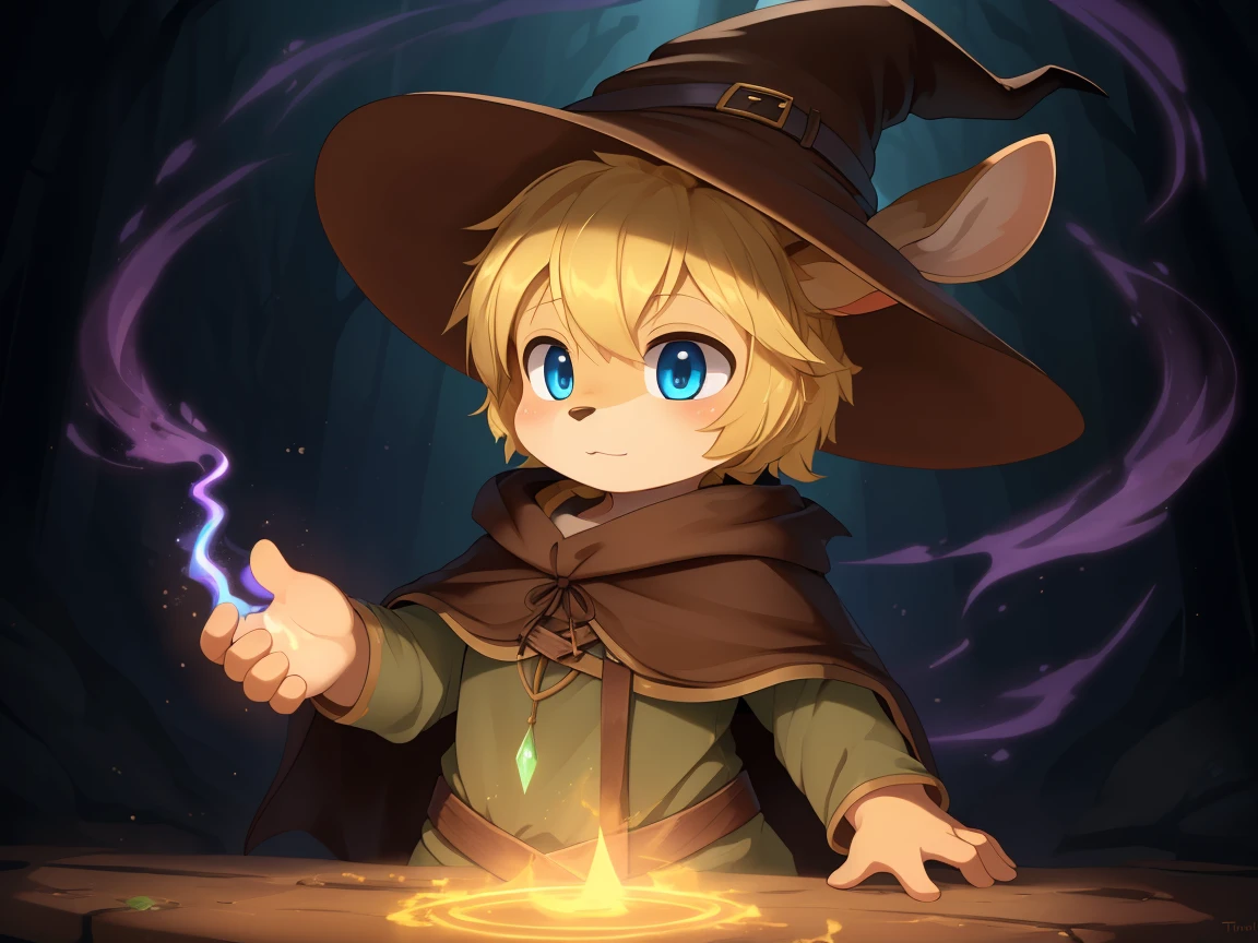 deer, solo, young, cub, chibi, (blue eyes), ((large witch hat)), ((brown hat)), ((brown cloak)), (long green tunic), (blonde hair), (short hair), short deer tail. ((light brown body)), (short brown antlers), short snout, ((((casting magic)))), magic, epic pose. dark dungeon background. Very good figure, best quality, highres, 16k, Natural soft light, Tyndall effect, Advanced film lighting, Unreal Engine5, Extremely realistic, A high resolution, perfect masterpiece, high quality, high resolution