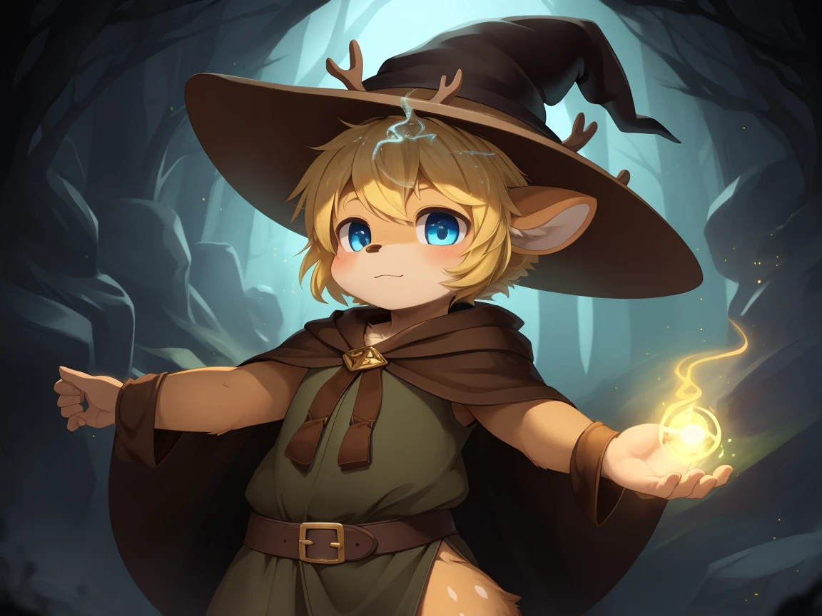 deer, solo, young, cub, chibi, (blue eyes), ((large witch hat)), ((brown hat)), ((brown cloak)), (long green tunic), (blonde hair), (short hair), short deer tail. ((light brown body)), (short brown antlers), short snout, ((((casting magic)))), magic, epic pose. dark dungeon background. Very good figure, best quality, highres, 16k, Natural soft light, Tyndall effect, Advanced film lighting, Unreal Engine5, Extremely realistic, A high resolution, perfect masterpiece, high quality, high resolution