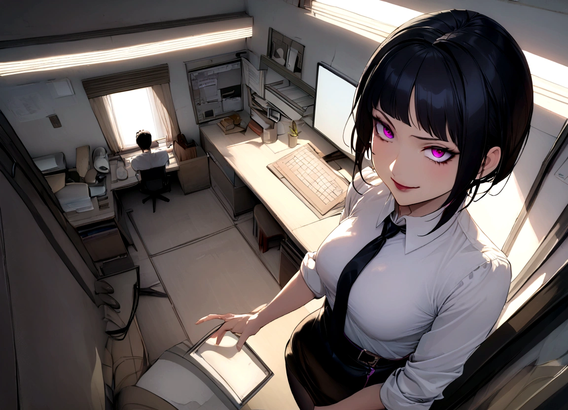 juri han, work of art, tight white secretary shirt with black tie, black high waist skirt, short skirt,stocking, black hair, black tights,evil smile,office,franja nos olhos,lighting,chifre de cabelos,view from above,olhando para cima
