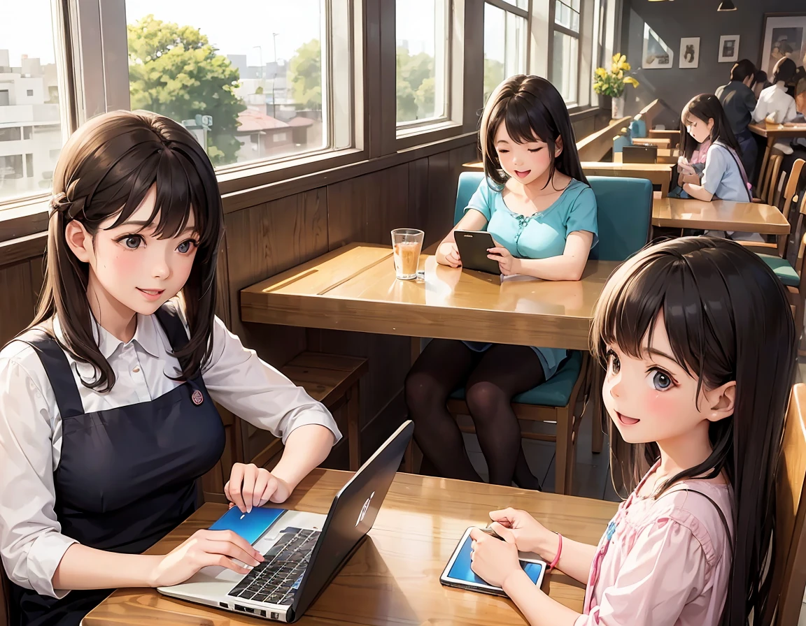 Five mothers and children are happily using computers and smartphones in a cafe, pastel colors