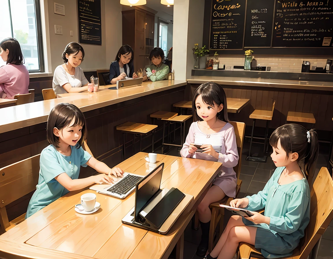 Five mothers and children are happily using computers and smartphones in a cafe, pastel colors