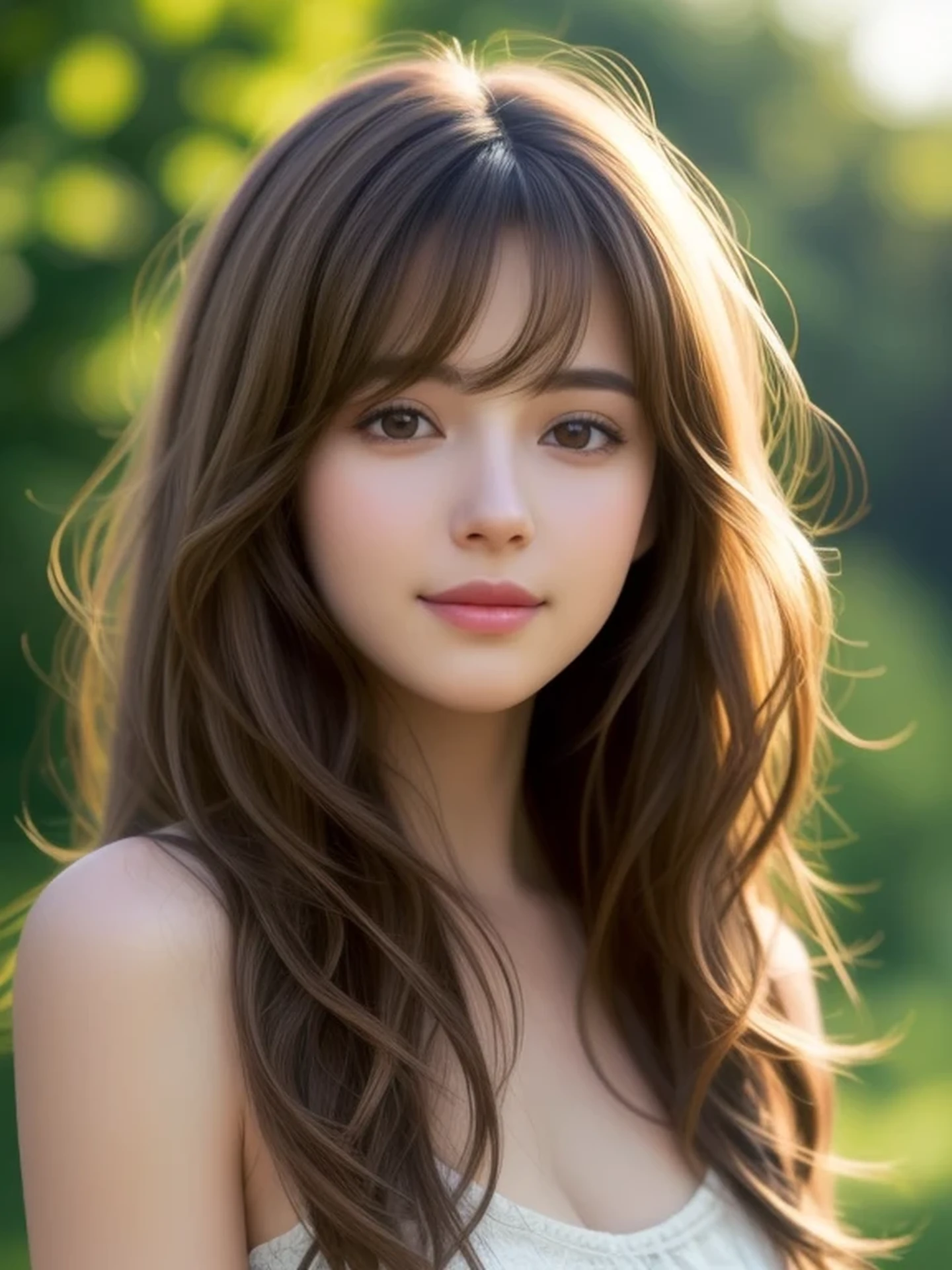 (looking away:1.4), (upper body shot:1.2), Realistic digital painting of a woman portrait, Shy,  Cute, open mouth to say something, sad, brown eyes,  (Wavy medium Hair:1.1), (light brown brunette hair:1.3), bangs, (Highly detailed skin:1.2), Mystical style, Global Illumination,