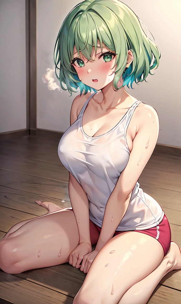 Girl with short green hair, The chest is medium, Green Eyes, 、(tits),Full body photo from head to toe,、cloth、(Clear Face)(Best Quality, High resolution, Super detailed),, (Vivid and colorful, The chest is clearly in focus),(Soft Breasts:1.2、,、、Exposed chest,Full body photo from head to toe,、White sweat all over the body,Sweaty、M-shaped legs,Hot Yoga、stretch、Training wear、Spread your legs and stretch your legs、Rhythmic Gymnastics、Hot Yoga、Steam-filled room、burn、Heavy breathing