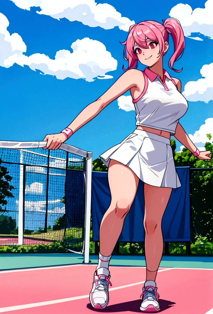 a woman wearing a tennis uniform, exposed abdomen, exposed thigh, white skirt with faint blue details, sports tennis shoes, pigtails, hot pink hair with silver strands, large breasts, pink eyes, smiling, walking on a tennis court, full body, blue sky with clouds,HDR , ultra resolution, sharp, masterpiece, 8K HD (solo woman)