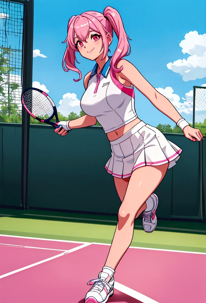a woman wearing a tennis uniform, exposed abdomen, exposed thigh, white skirt with faint blue details, sports tennis shoes, pigtails, hot pink hair with silver strands, large breasts, pink eyes, smiling, walking on a tennis court, full body, blue sky with clouds,HDR , ultra resolution, sharp, masterpiece, 8K HD (solo woman)