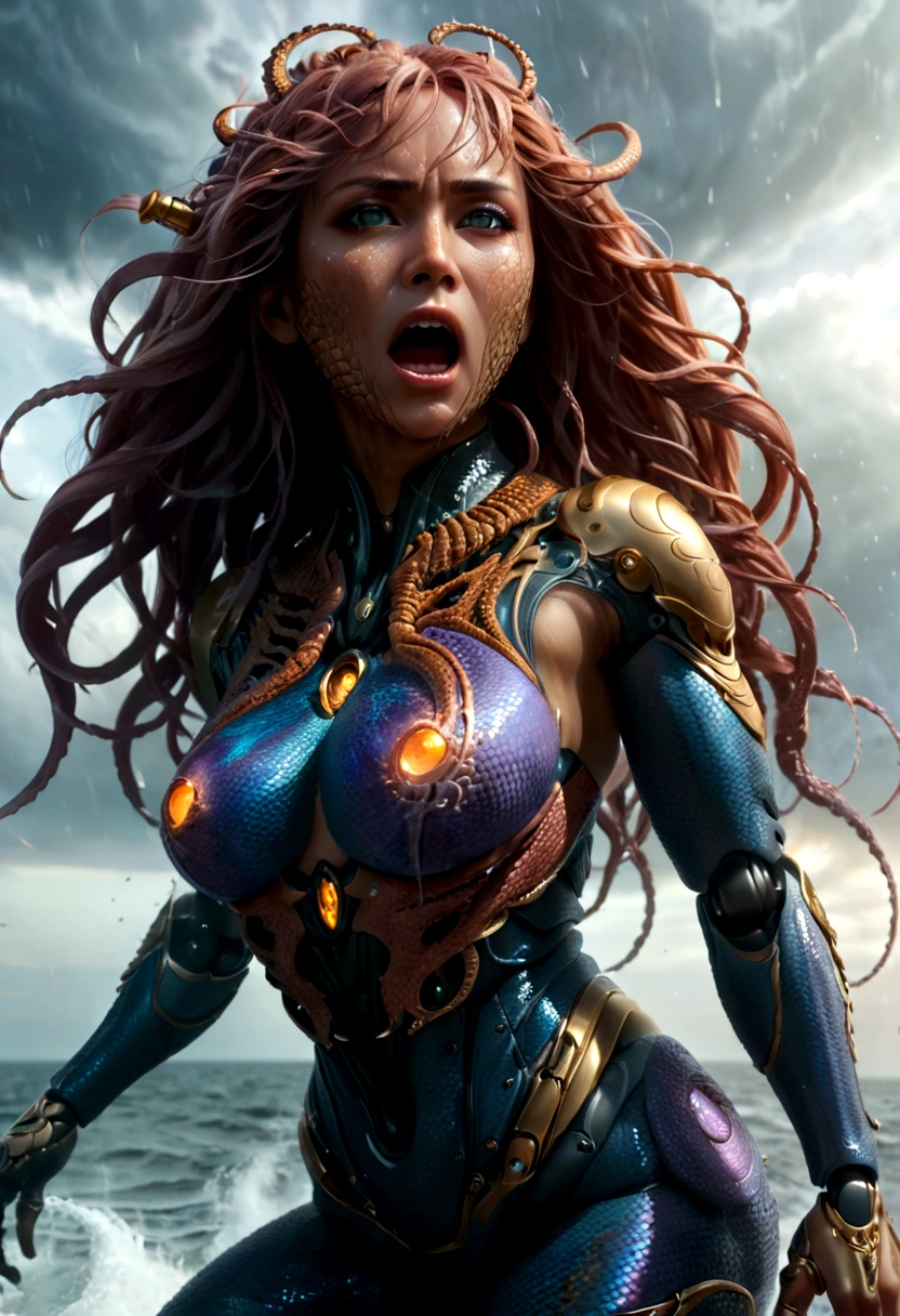 Lady Monster in stunning movement, in wrath expression, punching the sea as nebula explosion, snake-scales face-skin, body focus, cried out, metal-scales body-skin, tentacles hands, medusa hair, high tide, thunder-storm background, ultra shots photographic, hyper detailed, ultra-speed shot, dimmed light, UHD, 16k, epicrealism, masterpiece, perfect image, perfect color.,Concentric circle,nhhc01,fire element,adamxl acg