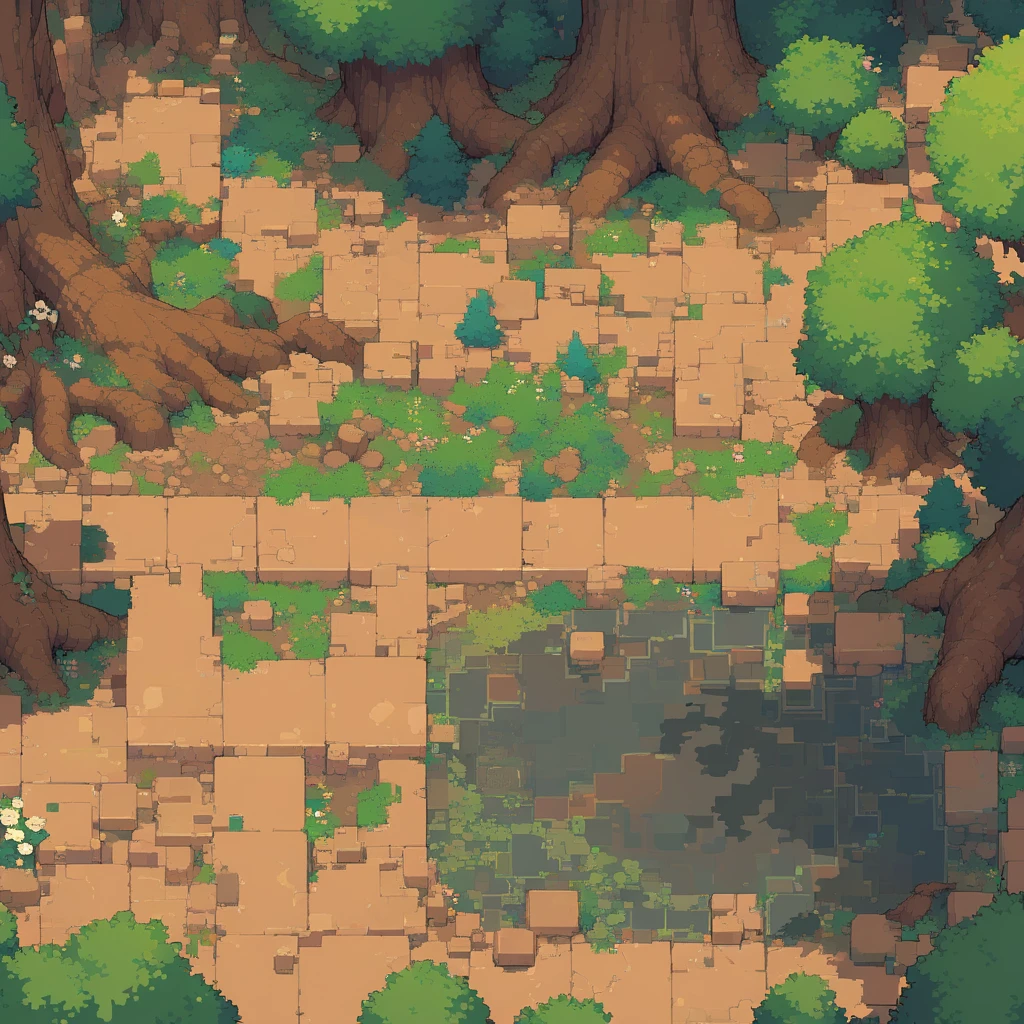 retro video game style,pixelated graphics,vibrant colors,8-bit characters,blocky shapes,sharp lines,detailed shading,classic gaming vibe,nostalgic atmosphere,classic arcade games,masterpiece:1.2,ultra-detailed,illustration style, 2d texture, clay texture, stone texture, 4 k seamless mud texture, video game texture, dirt texture, clay material, flat texture, grass, trees, rock texture, rocky ground, forest, topdown view, game texture, background art, ground very detailed, dirt, floor texture, tileable texture, flowers, bushes, shrubs, intricate ground stone, top down view, 3/4th perspective