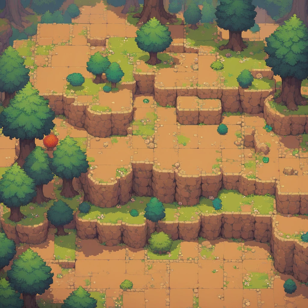 retro video game style,pixelated graphics,vibrant colors,8-bit characters,blocky shapes,sharp lines,detailed shading,classic gaming vibe,nostalgic atmosphere,classic arcade games,masterpiece:1.2,ultra-detailed,illustration style, 2d texture, clay texture, stone texture, 4 k seamless mud texture, video game texture, dirt texture, clay material, flat texture, grass, trees, rock texture, rocky ground, forest, topdown view, game texture, background art, ground very detailed, dirt, floor texture, tileable texture, flowers, bushes, shrubs, intricate ground stone, top down view, 3/4th perspective