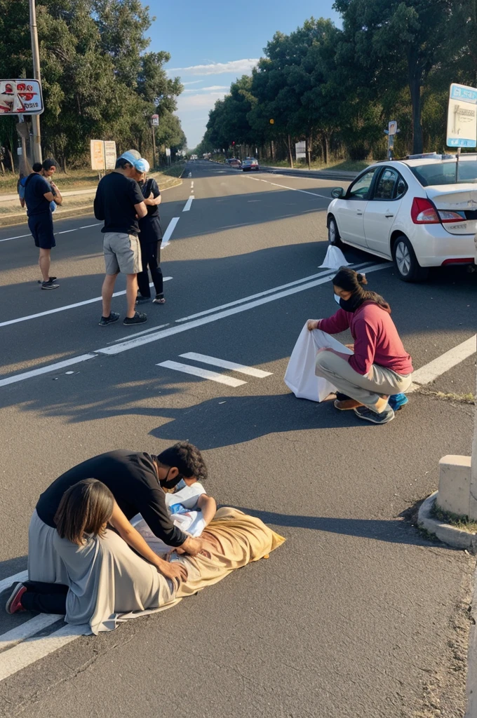 ((Art Version)) People are helping the sick on the side of the road