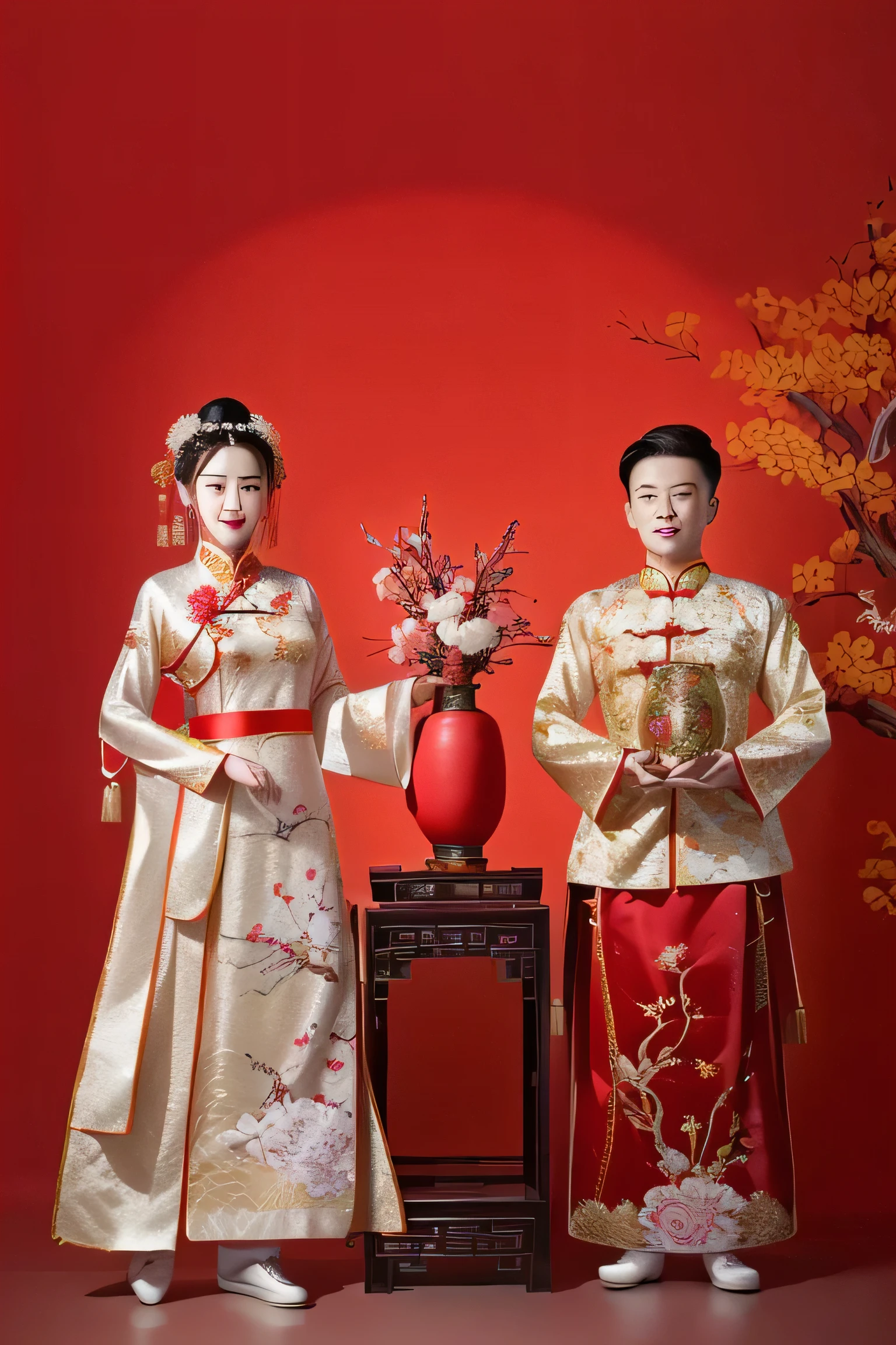 they are dressed in traditional chinese clothing and holding a vase, traditional chinese clothing, with acient chinese clothes, chinese style, traditional chinese, cheongsam, wearing ancient chinese clothes, traditional clothing, wearing ornate silk clothes, ruan jia and fenghua zhong, lovely couple, inspired by Guo Xi, ao dai, traditional clothes, chinese costume