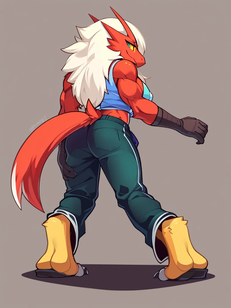 [blaziken], (mayosplash), (wamudraws)], ((masterpiece)), ((HD)), ((solo portrait)), ((back view)), ((furry; anthro)), ((detailed shading)), ((beautiful render art)), ((intricate details)), {anthro; red feathers, red beak, (yellow talon feet), (long white hair), cute teal eyes, (yellow sclera), (half-closed eyes), (medium boobs), (defined muscles), (beautiful feet), (clothing, topwear: tanktop, handwear:(cloth wrap), bottomwear:(pants:black) footwear:(footwraps)),{(standing), (dynamic pose)}