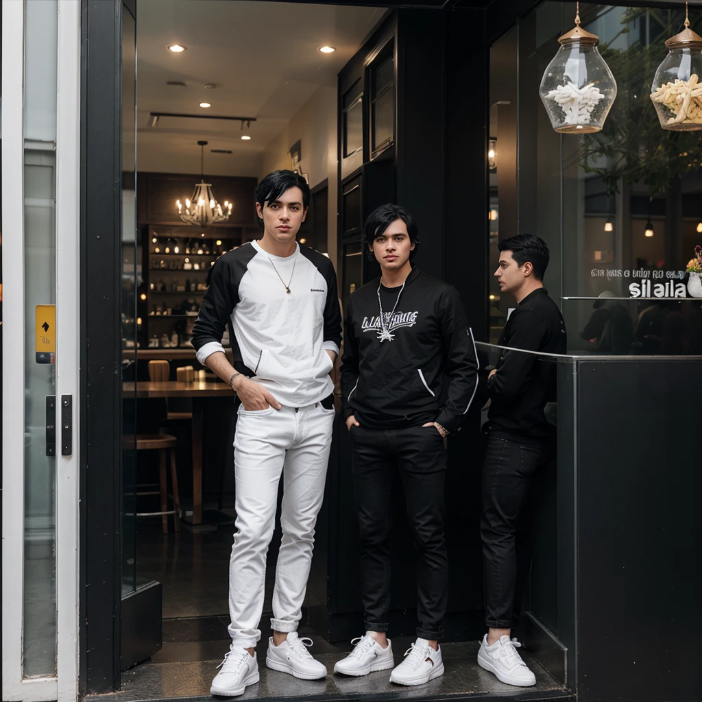A white man with black hair wearing black jeans, a black shirt and a white jacket is wearing white shoes and they are standing in front of a restaurant with glass decorations.
