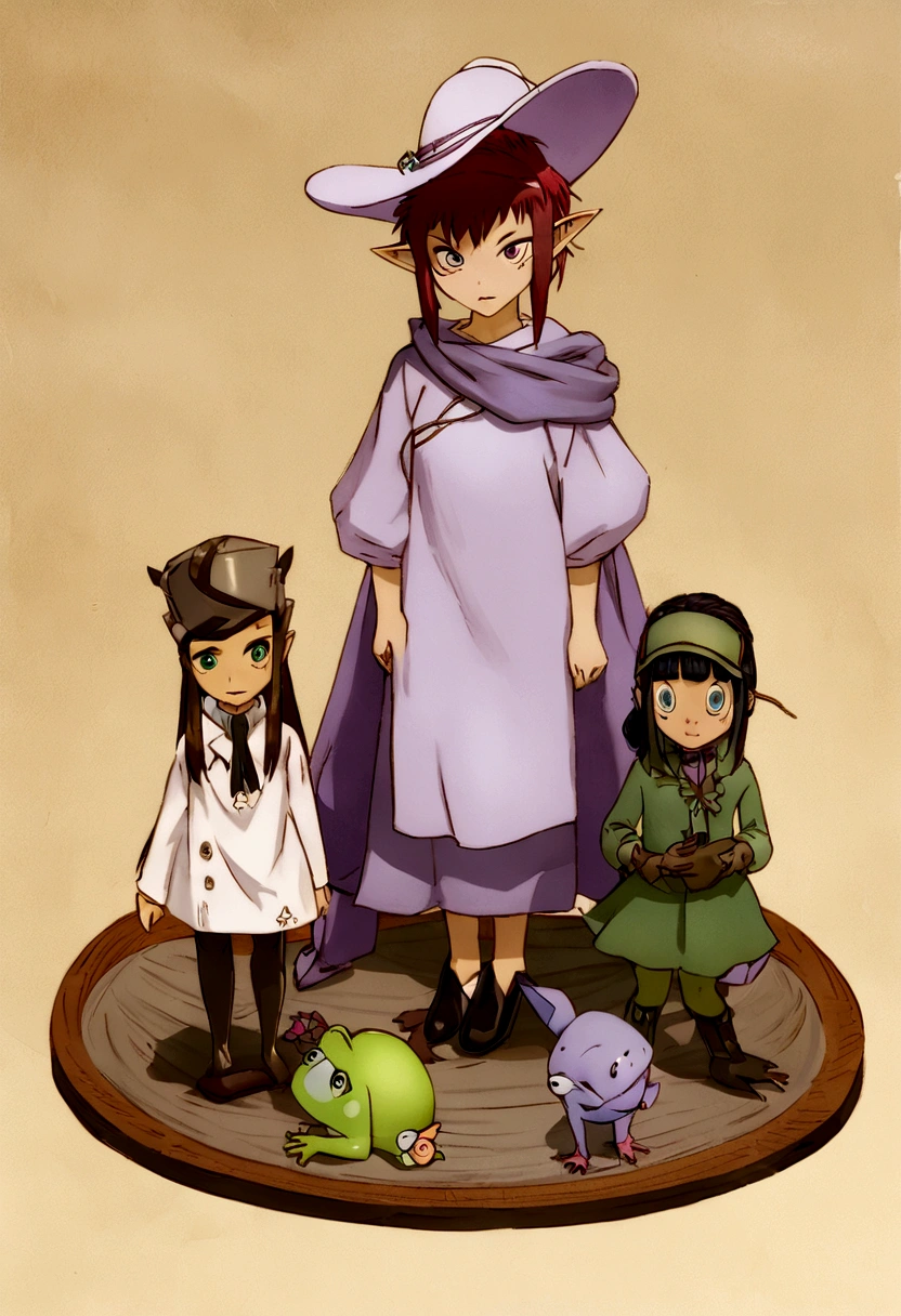 a drawing of a frog with a hat and a purple scarf, arte conceitual inspirada em Brian Froud, art station, feminist art, Estilo Brian Froud, Brian Froud Juan Gimenez, female alien, figura encapuzada, female humanoid creature, production animation cel, desenhado e pintado, alien girl, Artgerm e Brian Froud, figura encapuzada surreal