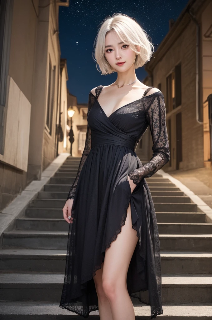 highest quality、masterpiece、超High resolution、(whole body,Realistic:1.3)、RAW Photos、(One girl,Small breasts), Beautiful Face, (Realistic Face,Detailed facial expressions,smile), (White Hair、short hair:1.3), Beautiful Hairstyles, Realistic eyes, Beautiful fine details, (Realistic Skin), Beautiful Skin, (Long sleeve dress,Stylish trendy fashion), Confused, charm, 超High resolution, Ultra-realistic, High resolution, Golden Ratio、Standing on the stairs,European cityscape,Mr.々Posing,Shooting from below,Beautiful starry sky,night